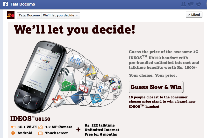 Another first from Tata Docomo  Uses Facebook fans to determine product price 
